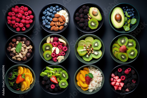 Colorful and healthy Fruit Bowls on a dark Background - Generative Ai