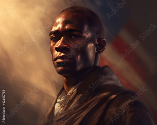 A image of painting of handsome african american man with American flag in the background