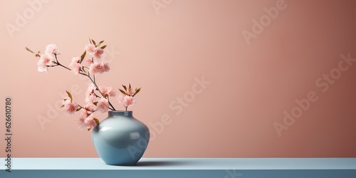 AI Generated. AI Generative. Decorative home decor with flowers vase close to the wall. Beautiful blossom interior home background mockup in minimal style. Graphic Art