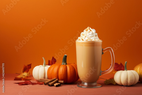 Fotografiet Seasonal pumpkin spice latte on orange background.