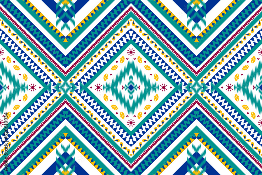 Ethnic geometric seamless pattern. Geometric dark blue and bright background. Design for fabric, clothes, decorative paper, wrapping, embroidery, illustration, vector, batik, element. ethnic pattern.
