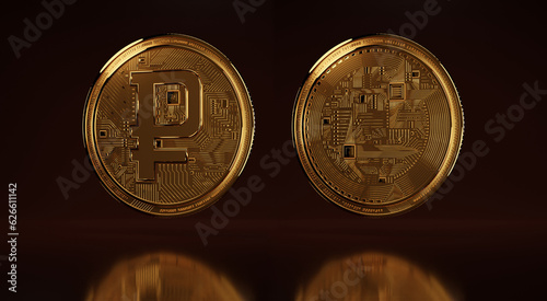 Digital ruble 3D rendering of a close-up model. Golden crypto coin with Russian currency symbol on brown background photo