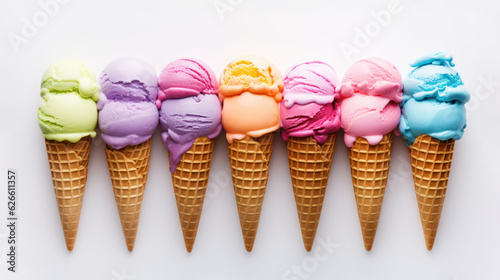 Advertising shot, multicolored ice cream balls in cones in a row in a top view, isolated on a light gray background