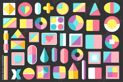 A set of colorful assorted abstract geometric shapes. All shapes are isolated on a dark background. Vector