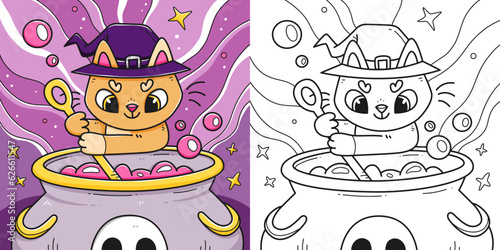Cute children's Halloween coloring book with a kitten cooking a potion in a cauldron. Coloring page with a witch cat with an option for coloring. Vector linear black and white illustration.
