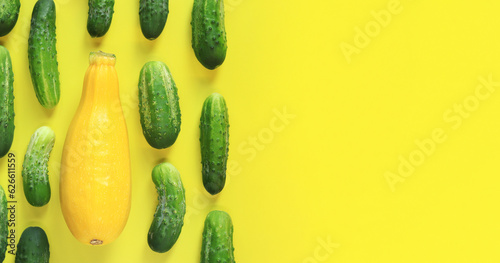 Wall Mural Freshly picked vegetables, zucchini and cucumbers on a yellow background, top view