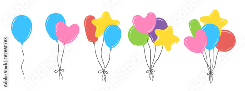 A set of colorful festive balloons. A collection of bright balls of different shapes in a flat cartoon style. Branch of balloons.Vector isolated illustration.