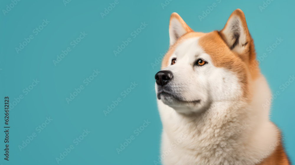 Advertising portrait, banner, fluffy wool akita inu dog white and redhead color, funny look straight, isolated on blue background Advertising portrait, banner, fluffy wool akita inu dog white and redhead color, funny look straight, isolated on blue background