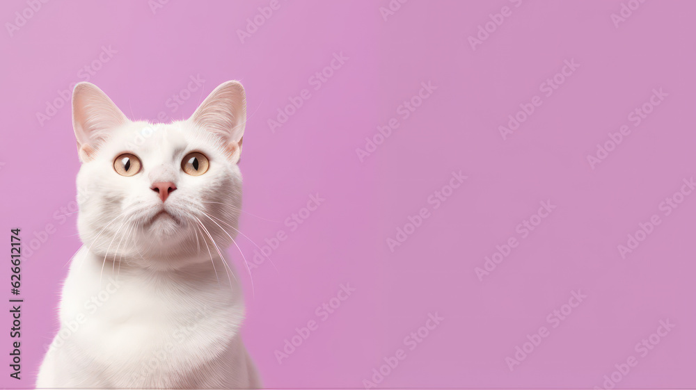 Advertising portrait, banner, smiling asian cat white wool color, yellow eyes, serious straight look, isolated on pink background