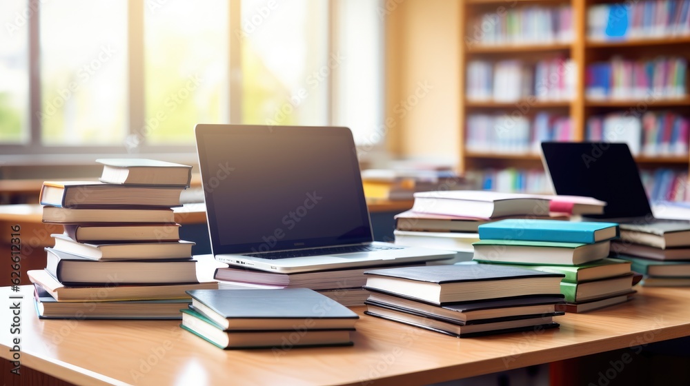 Education concept with laptop and books stack with library background. Generative AI Education concept with laptop and books stack with library background. Generative AI
