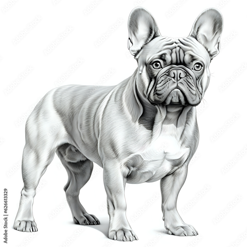 a highly detailed pencil drawing of a French Bulldog dog full body no background with subtle shadow