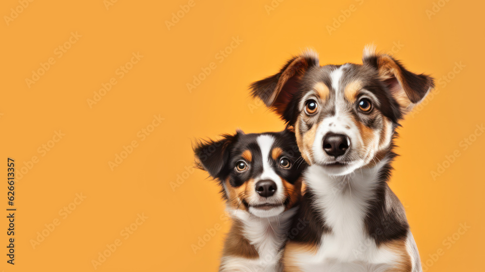 Advertising portrait, banner, funny mother and puppy australian shepherd dogs, straight look to the camera, isolated on yellow background