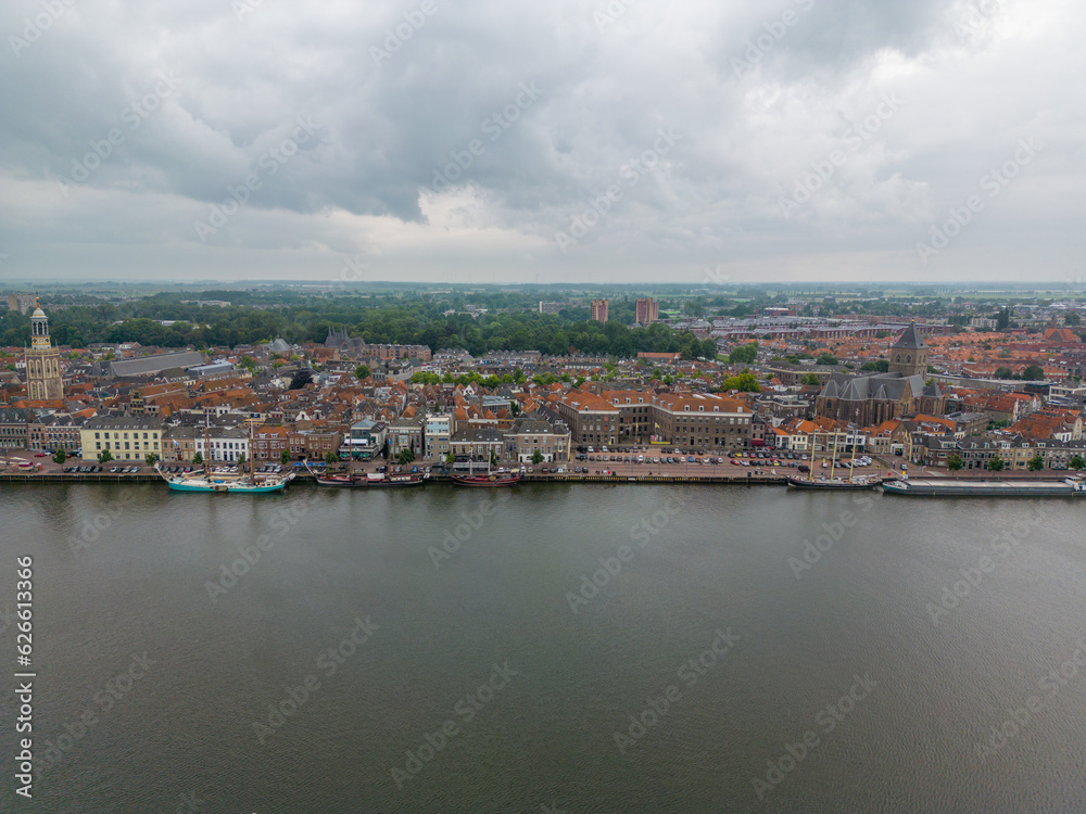 Obraz premium Aerial drone photo of the city Kampen and the river Ijssel in Overijssel