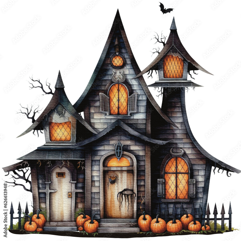 Halloween haunted house Spooky Night watercolor style isolated on white background, Halloween dark house pumpkins watercolor png illustration Halloween haunted house Spooky Night watercolor style isolated on white background, Halloween dark house pumpkins watercolor png illustration
