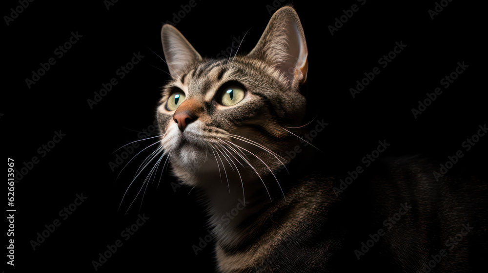 Advertising portrait, banner, classic striped color young cat looks up on object with green eyes, isolated on black background