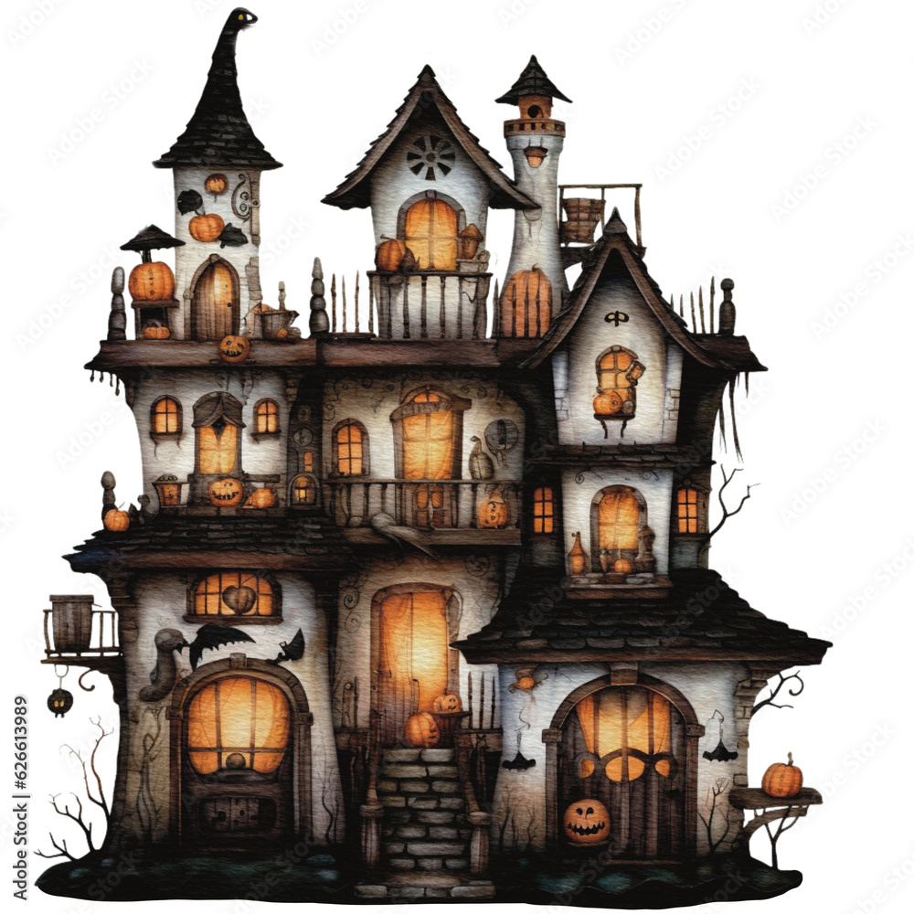 Halloween haunted house Spooky Night watercolor style isolated on white background, Halloween dark house pumpkins watercolor png illustration