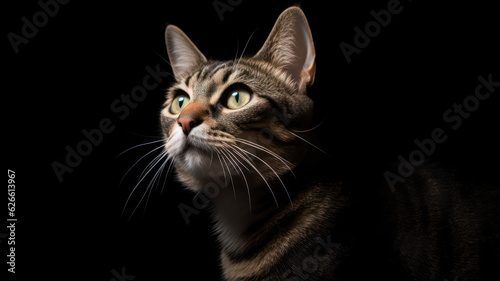 Advertising portrait, banner, classic striped color young cat looks up on object with green eyes, isolated on black background