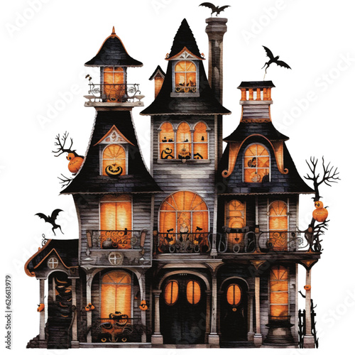 Tableau sur toile Halloween haunted house Spooky Night watercolor style isolated on white backgrou