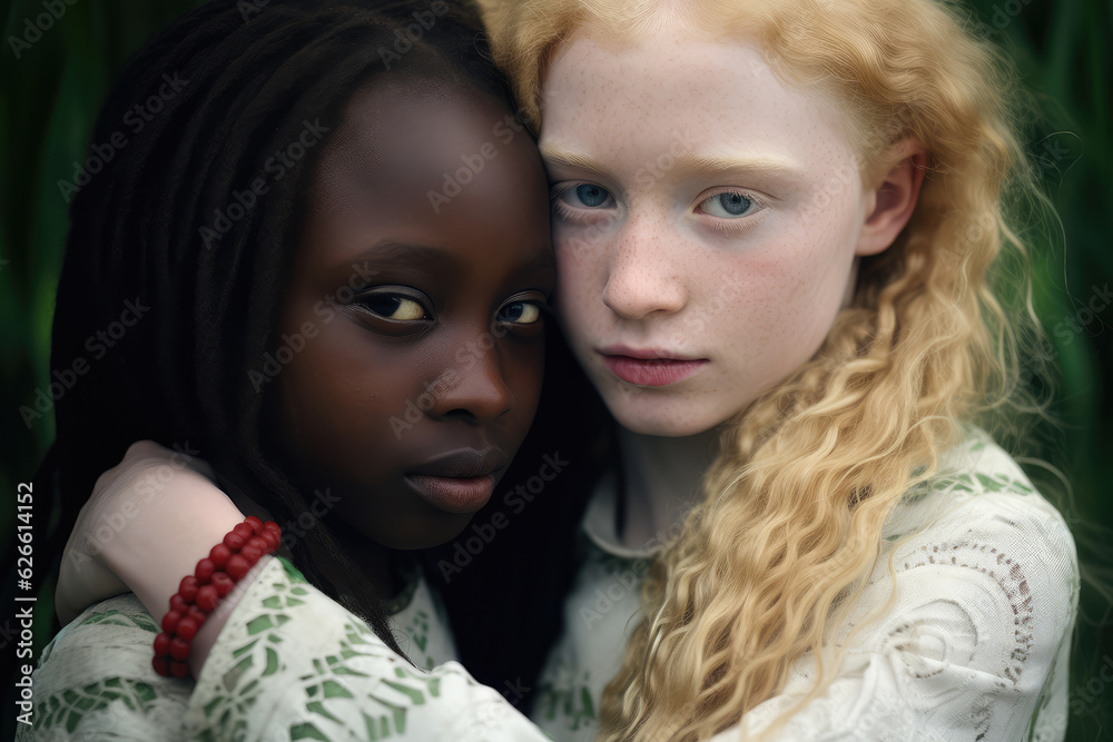 Diversity ebony and ivory image of friendship between different races - white caucasian albino girl and black african girl hugging with copy space 