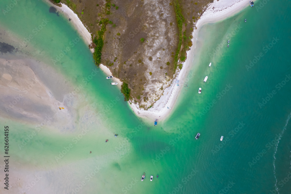 Florida. Photo of Island. Honeymoon Island and Caladesi Island State park FL. Dunedin and Clearwater Beach Florida. Tropical scenic aerial view. Gulf of Mexico. Summer vacation. Beach and salt life