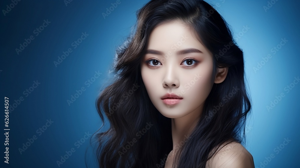 Close-up portrait of a young beautiful Asian girl with natural Korean makeup, perfect clean skin, chic long curly dark hair. Blue background with copy space. Beauty skin and hair care Close-up portrait of a young beautiful Asian girl with natural Korean makeup, perfect clean skin, chic long curly dark hair. Blue background with copy space. Beauty skin and hair care