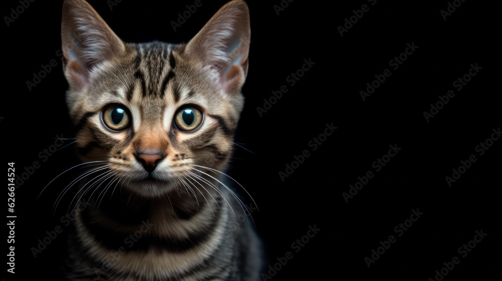 Advertising portrait, banner, wonder cat classic striped color, straight look, isolated on dark black background