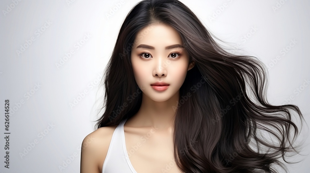 Close-up portrait of young beautiful Asian woman looking at the camera with natural Korean makeup, perfect clean skin, and chic long curly dark hair. White background with copy space. Beauty skincare Close-up portrait of young beautiful Asian woman looking at the camera with natural Korean makeup, perfect clean skin, and chic long curly dark hair. White background with copy space. Beauty skincare