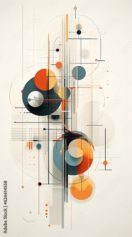 Abstract geometric light beige background with colored dark circles and lines. Vector illustration for your interior design poster Abstract geometric light beige background with colored dark circles and lines. Vector illustration for your interior design poster