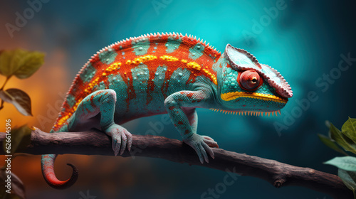 Chameleon of a blue with orange lines hue on a tree branch, changing color to blend in with the environment, on blue background