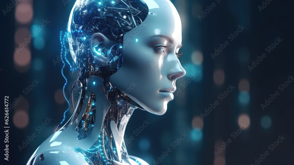 Cybernetic Brain A Metallic Head with AI Technology and Bokeh Background Cybernetic Brain A Metallic Head with AI Technology and Bokeh Background