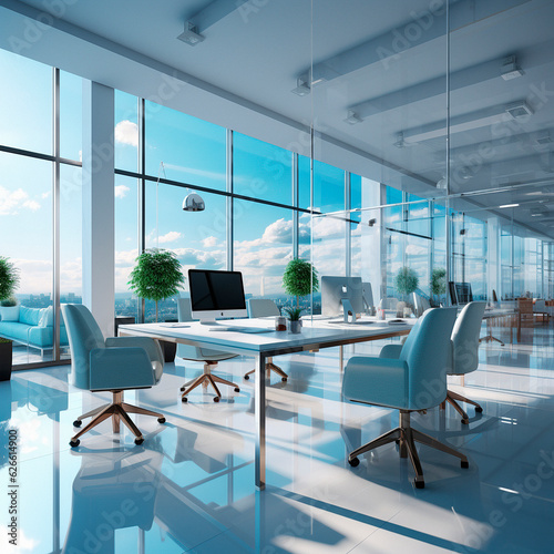 Clean and bright office in blue shades. Professional background. High quality illustration