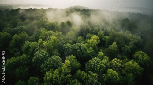 Aerial view of green forest and fog in the morning. Nature background