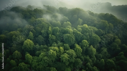 Aerial view of foggy forest in Carpathian mountains. © Barosanu