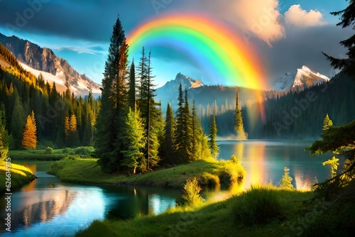 rainbow over the sea and show a beautiful sunset behind the tree AI Generative 