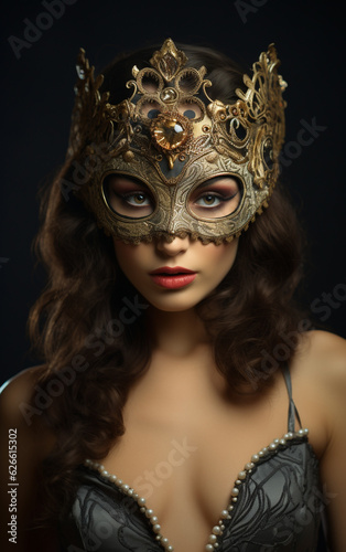 Portrait of a fashion model wearing an antique mask