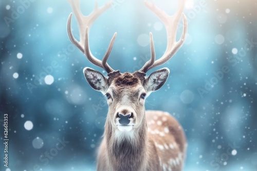 Cute reindeer christmas. Deer in the snow, winter greetings. Portrait of deer with stags. Beautiful red deer stag in snowy winter forest. Vintage style. Reindeer with red nose in snow. Generative AI.