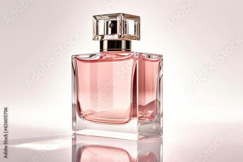 Elegant cosmetic advertising. Pink transparent spray bottle and shiny silk fabric isolated on bokeh background. Silky and delicate satin. Skin toner. Roses, perfume essence. Bottle of perfume