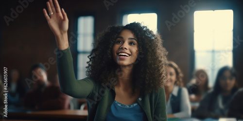 Happy girl african american student raising her hand to ask a question during lecture in the classroom, Education concept, generative ai