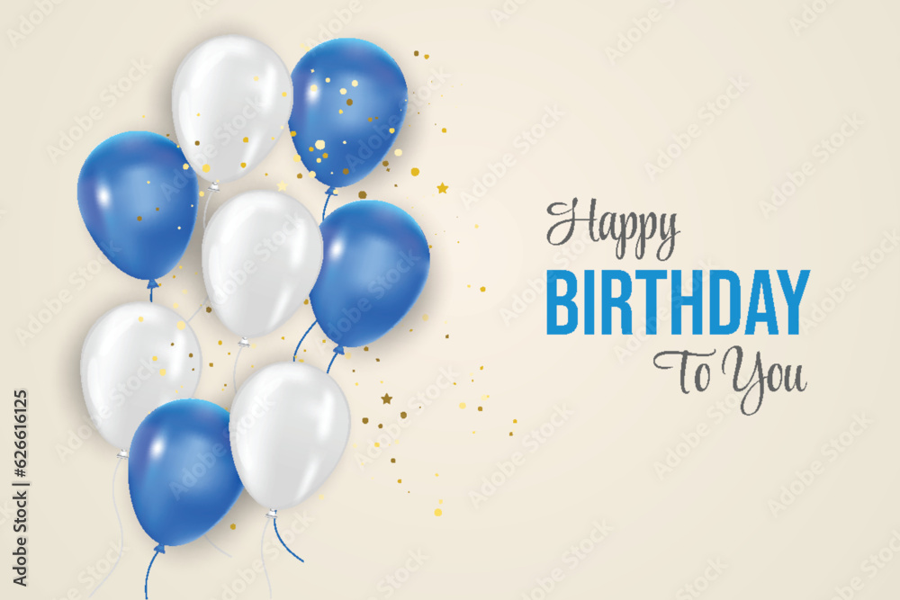 Happy birthday wish illustration with 3d realistic blue  air balloon on white background with text and glitter confetti