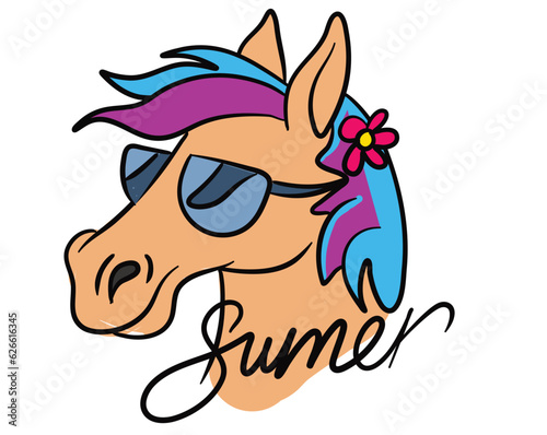 Colorful vector simple illustration: Summer horse with sunglasses logo design