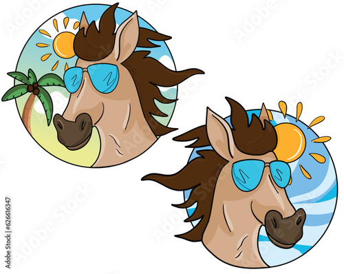 Colorful vector simple illustration: Summer horse with sunglasses logo design