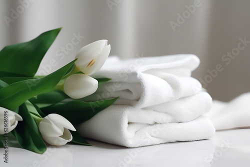 A Bouquet of White Beautiful Tulips Lies Next to a Stack of White Soft Fresh Towels  AI Generated