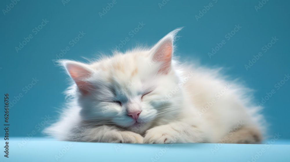 Advertising portrait, banner, young kitty white color, sleeping with closed eyes, isolated on blue background