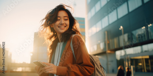Beautiful young  asia woman using smartphone standing on city street the warm glow of the sun shining down, generative ai