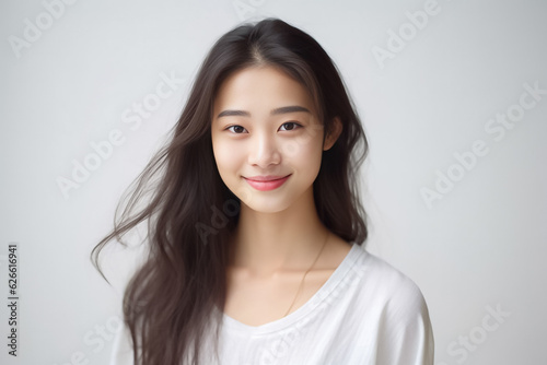 Cheerful Asian teen with long hair, white T-shirt, in front of a plain white studio, softly lit. Suitable for diverse projects. generative AI.