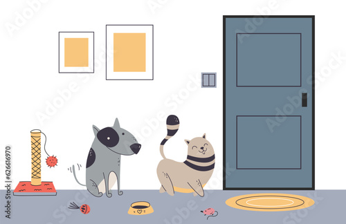 Pets cat dog waiting owners near door concept. Vector graphic design illustration