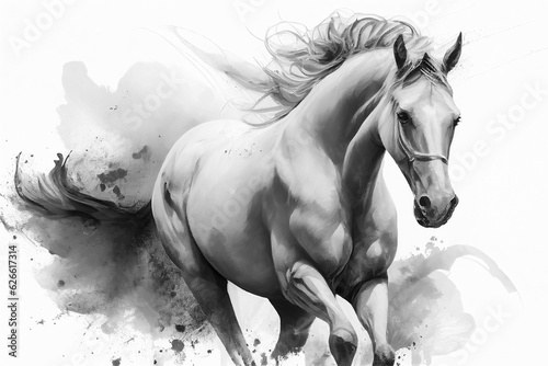 Watercolour abstract animal painting of an isolated horse running through dust and sand which could be used as a poster or flyer, computer Generative AI stock illustration black and white image