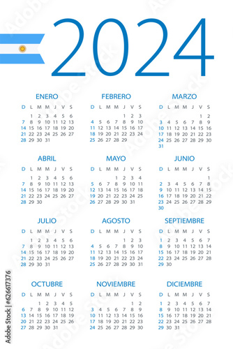 Calendar 2024 - illustration. Argentinian version. Week starts on Sunday