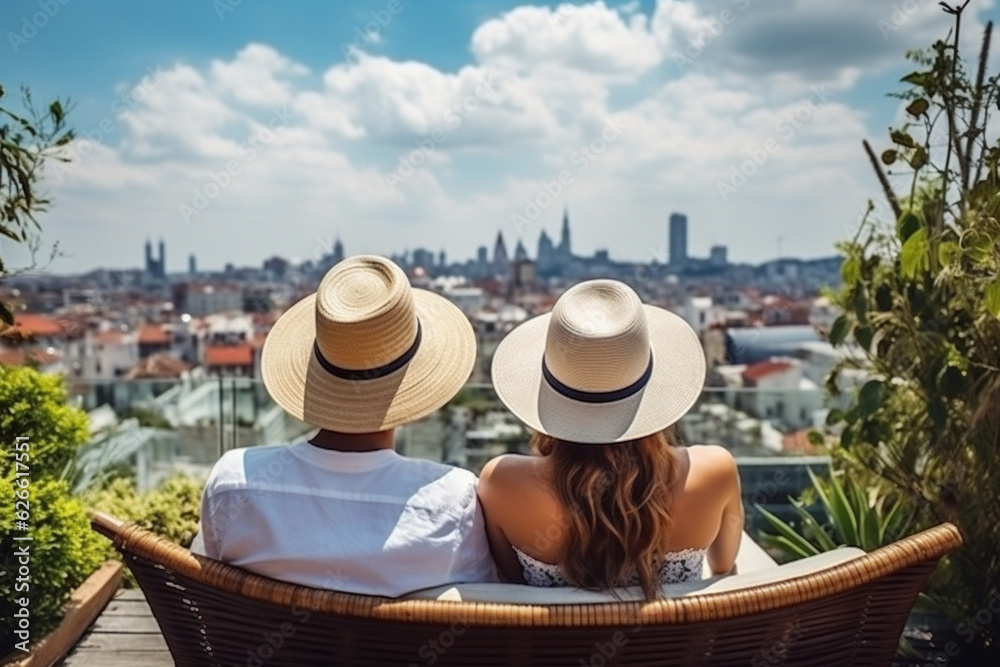 A man and a woman sit on the terrace of a penthouse and admire the view of Istanbul.