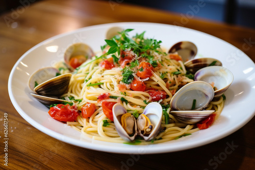 Pasta dish on a plate with tomato sauce and mussels.